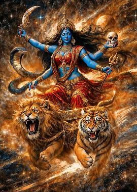 Goddess Kali on Lion and Tiger Chariot