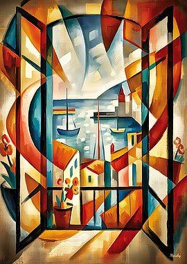 Cubist Seascape with Sailboats and Buildings