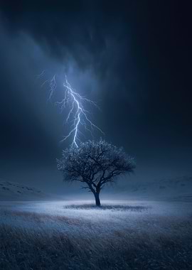 Lightning Strikes Lone Tree in Stormy Field