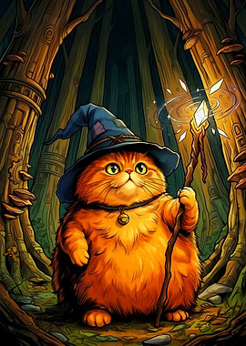 Magical Cat Wizard in Forest