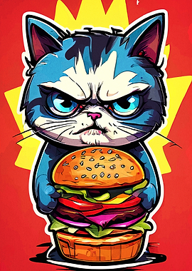 Angry Cat Holding a Burger