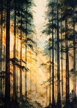 Sunlight Through Pine Forest Watercolor