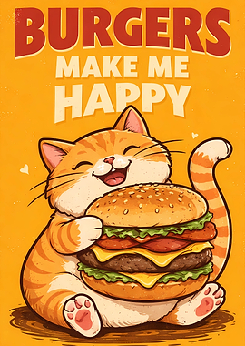 Happy Cat Eating a Burger