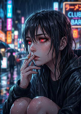 Anime Girl Smoking in Rainy City