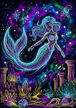 Vibrant Neon Mermaid Cosmic Fantasy