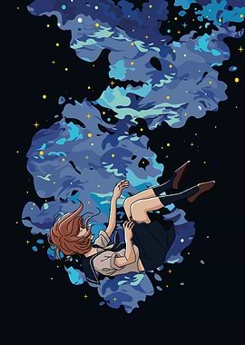 Dreamy Girl Falling Through Starry Nebula