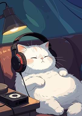 Cat listening to music with headphones