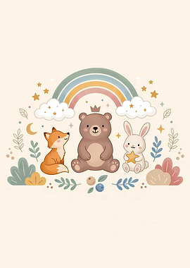 Cute Woodland Animals Under a Rainbow