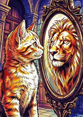 Cat Sees Lion in Mirror