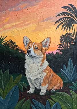 Corgi in a Tropical Sunset
