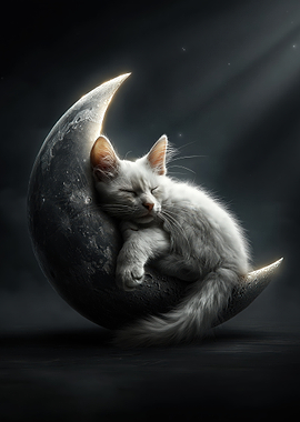 White Cat Sleeping on the Moon
