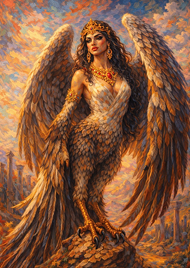 Mythical harpy in Ancient Ruins