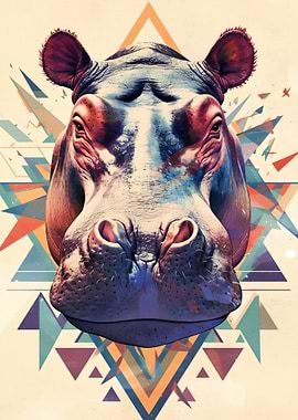 Stylized Hippo Portrait with Geometric Background