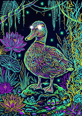 Vibrant Neon Duck Lotus Pond