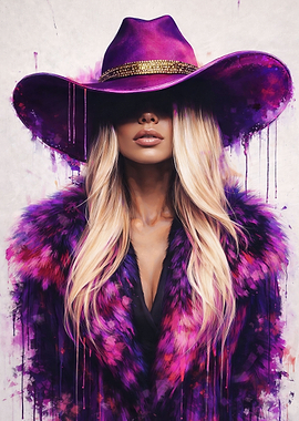 Woman in purple cowboy hat and fur coat