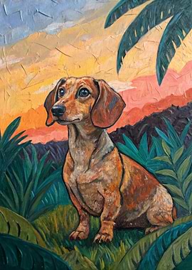Dachshund in a Tropical Sunset