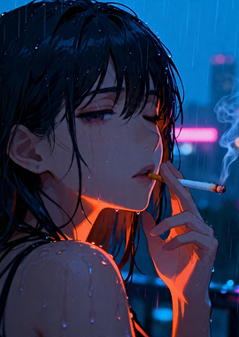 Anime Girl Smoking in the Rain