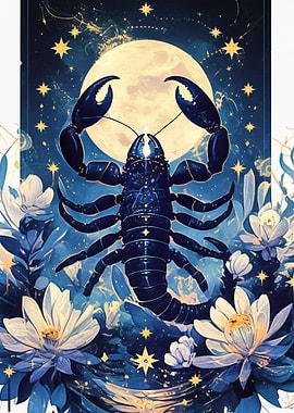 Scorpio Zodiac with Moon and Flowers