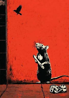 Street Rat with Fries - Red Stencil Urban Art