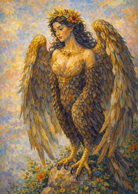 Mythical Harpy Woman with Golden Wings