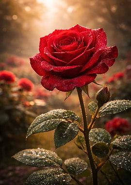 Dew-Kissed Red Rose in Garden