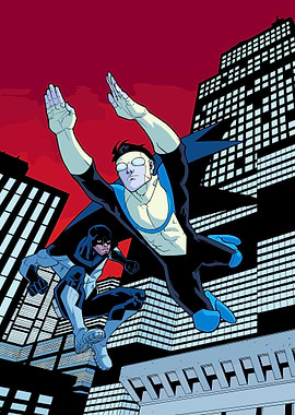 Invincible and Atom Eve Flying Over City