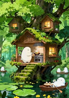 Cute creature cooking in a treehouse