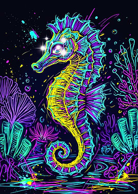 Vibrant Neon Seahorse Graffiti