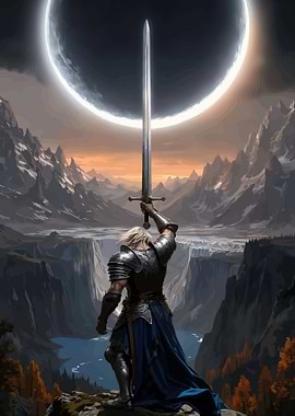Knight Raises Sword Under Lunar Eclipse