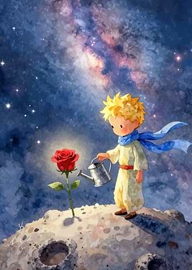 The Little Prince watering a rose