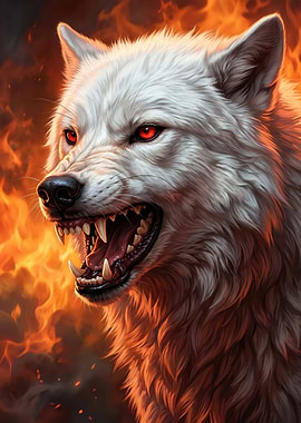 Fierce White Wolf with Red Eyes