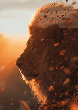 Lion with Autumn Leaves Overlay