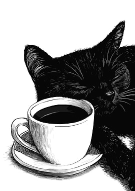 Black Cat with Coffee Cup