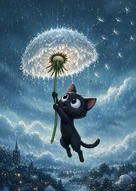 Black Cat Flying on Dandelion