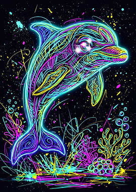 Vibrant Neon Dolphin Graffiti