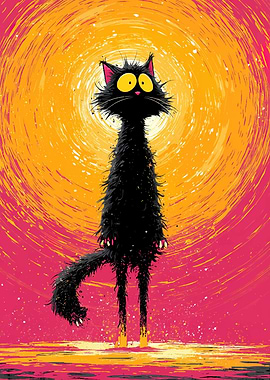 Scruffy Black Cat with Big Yellow Eyes