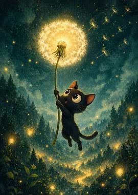 Cute Cat Floating on a Dandelion