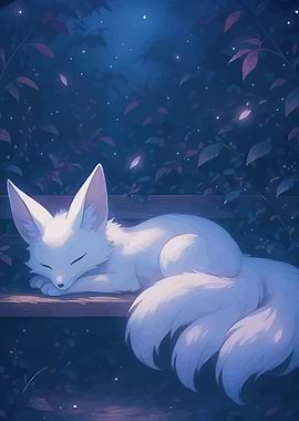 White Fox Sleeping on a Bench