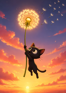 Black cat flying on a dandelion