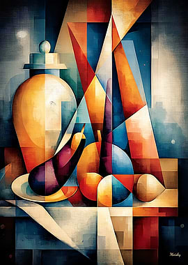 Cubist Still Life with Fruit and Pottery