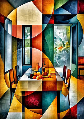 Cubist Dining Room – Modern Geometric Interior Poster