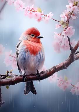 Bird on a Cherry Blossom Branch in Rain