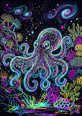 Vibrant Neon Octopus Cosmic Reef