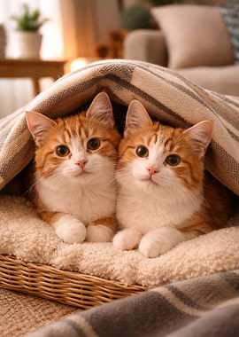 Two Adorable Orange Kittens Snuggled Under a Blanket