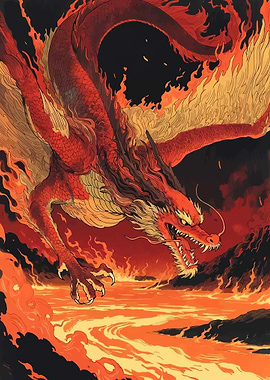 Fiery Red Dragon Over Lava