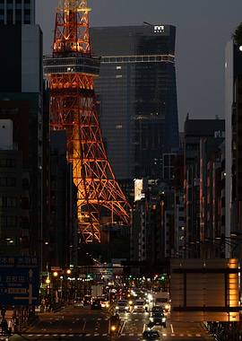 Tokyo Tower at Dusk with City Traffic