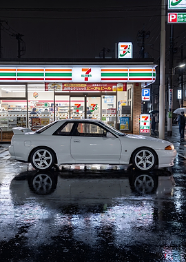 White Nissan Skyline R32 at a rainy 7-Eleven in Japan