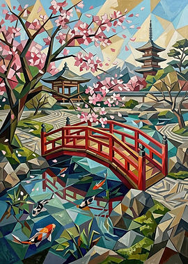 Japanese Garden with Cherry Blossoms and Koi Pond