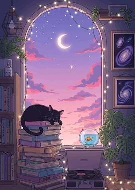 Cozy Night Scene with Cat and Books