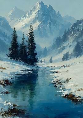 Winter Mountain Landscape with River